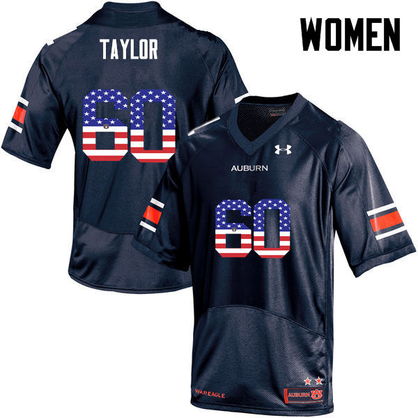 Women #60 Bill Taylor Auburn Tigers USA Flag Fashion College Football Jerseys-Navy - Click Image to Close